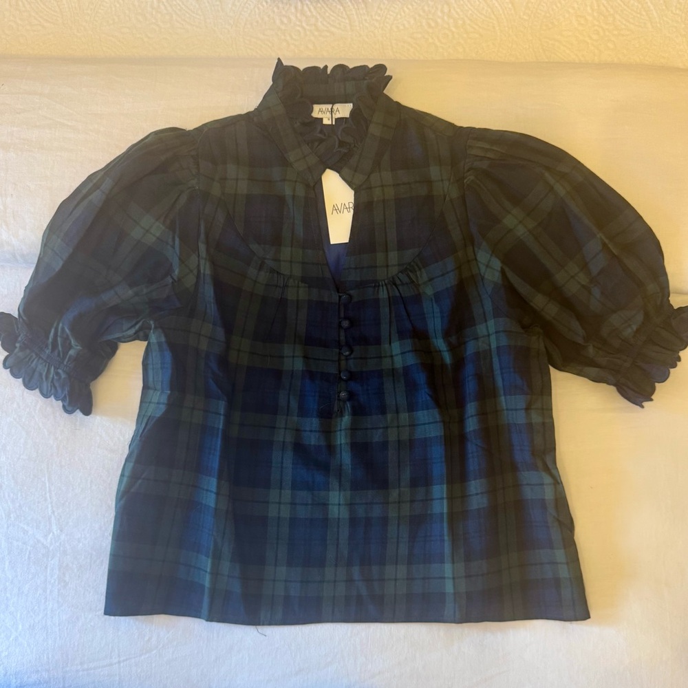 AVARA Plaid blouse with ruffle details. New with tags.